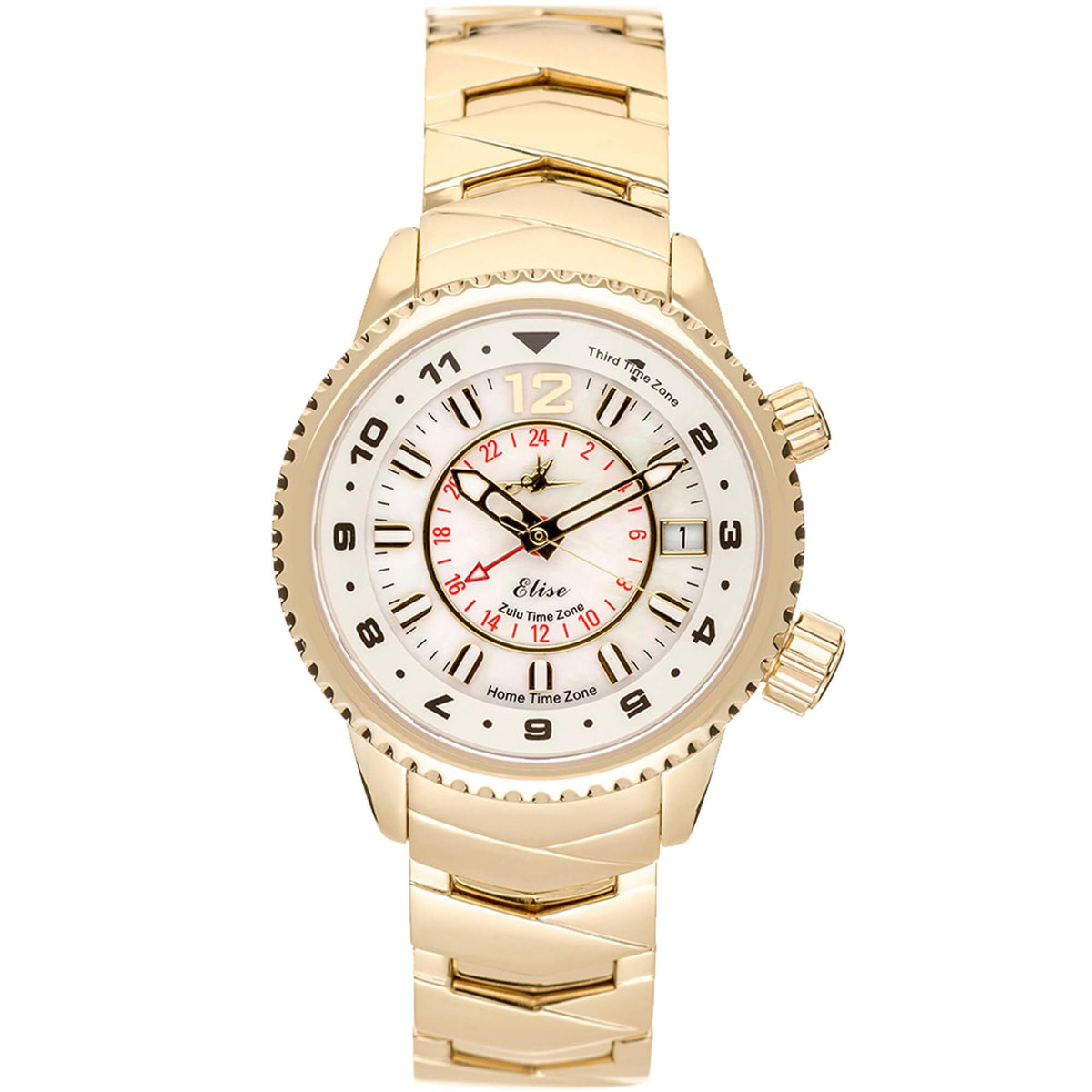 Montre Elise – Montre à quartz GMT trois fuseaux horaires, cadran nacre